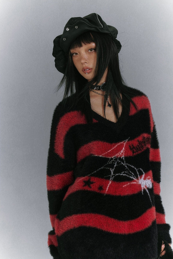 Spider Web Striped Fuzzy Sweater