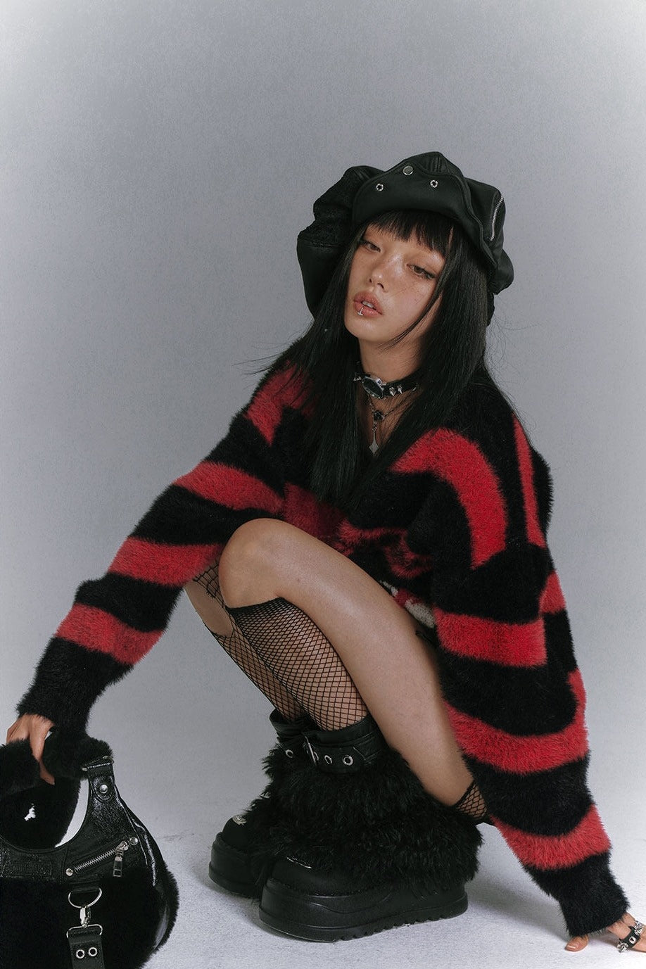 Spider Web Striped Fuzzy Sweater