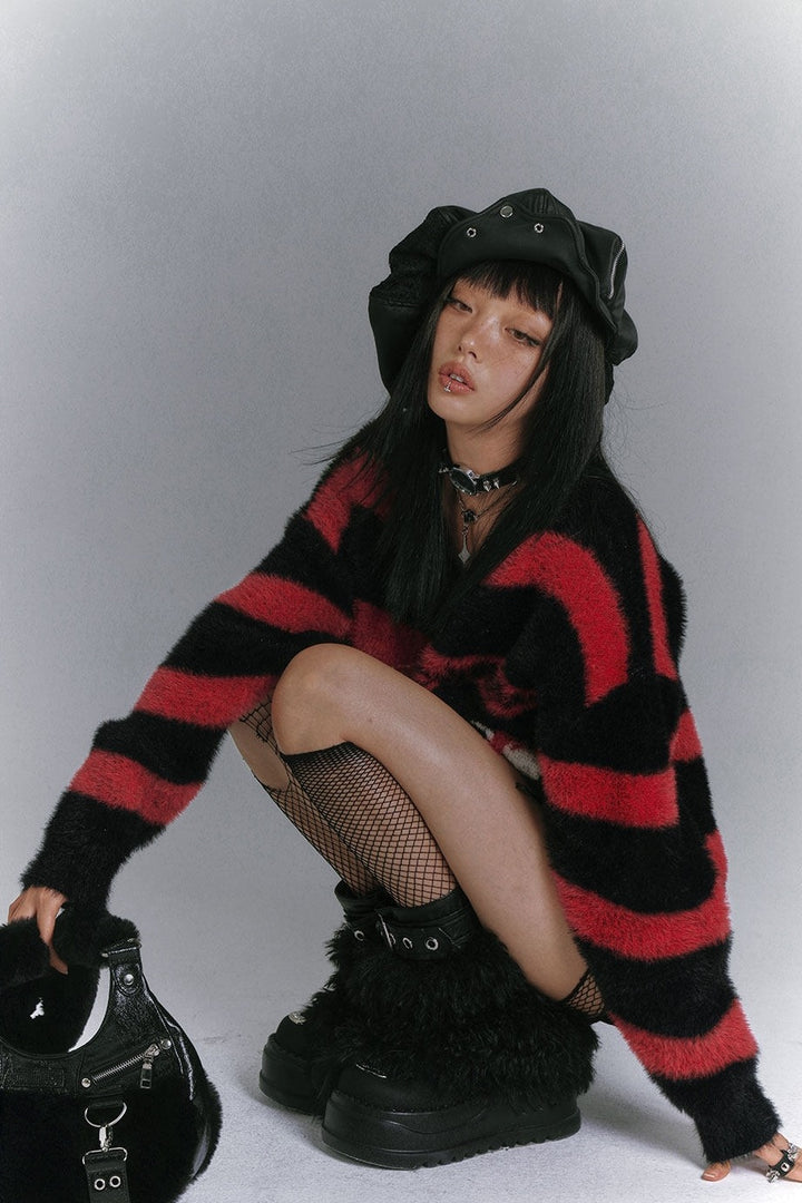 Spider Web Striped Fuzzy Sweater
