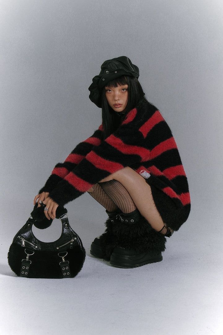 Spider Web Striped Fuzzy Sweater