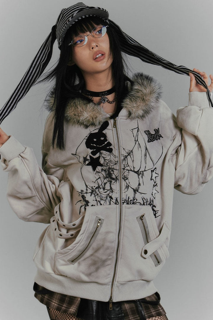Bunny Ear Fur Trim Zip Hoodie
