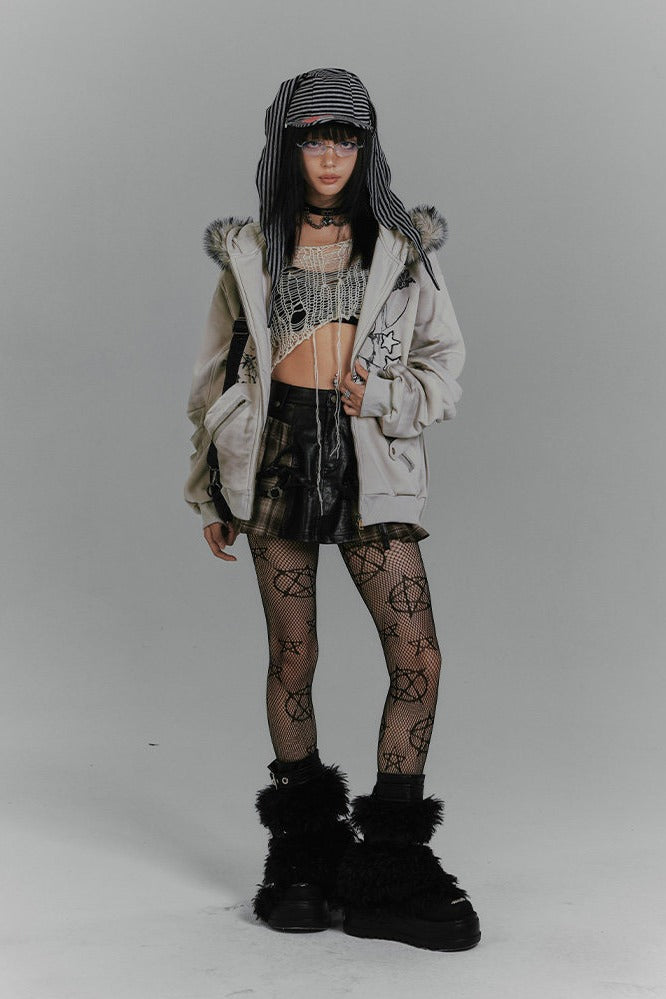 Bunny Ear Fur Trim Zip Hoodie