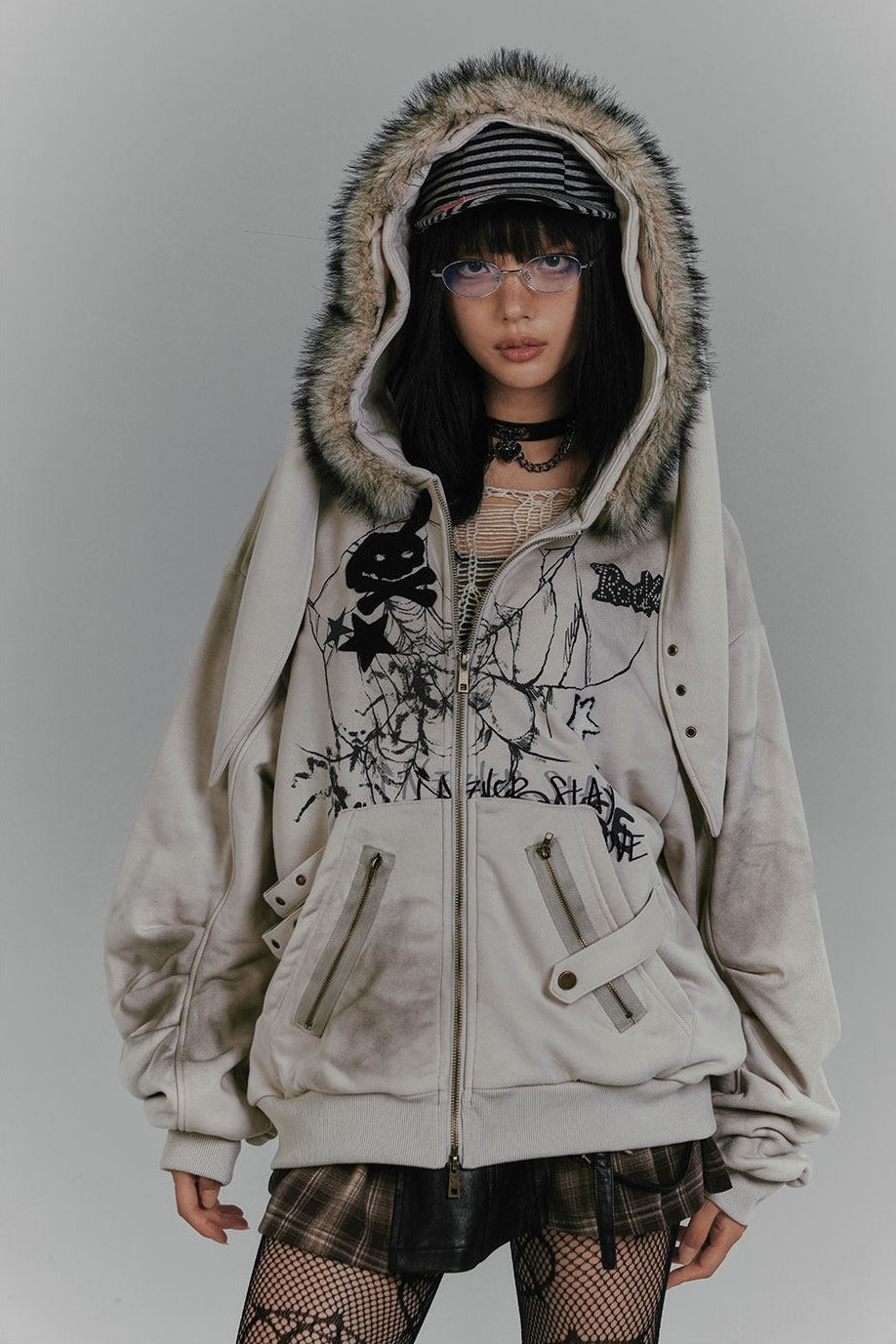 Bunny Ear Fur Trim Zip Hoodie