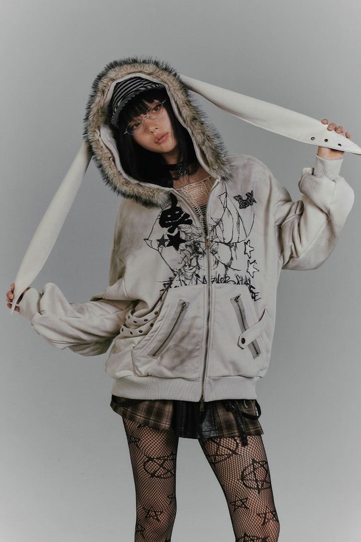 Bunny Ear Fur Trim Zip Hoodie
