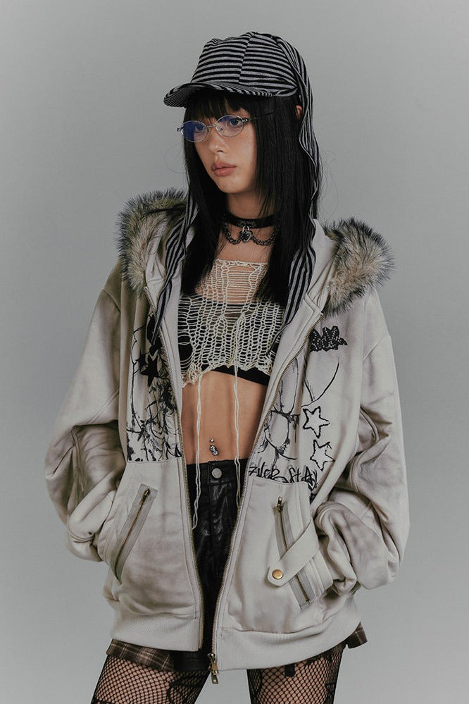 Bunny Ear Fur Trim Zip Hoodie