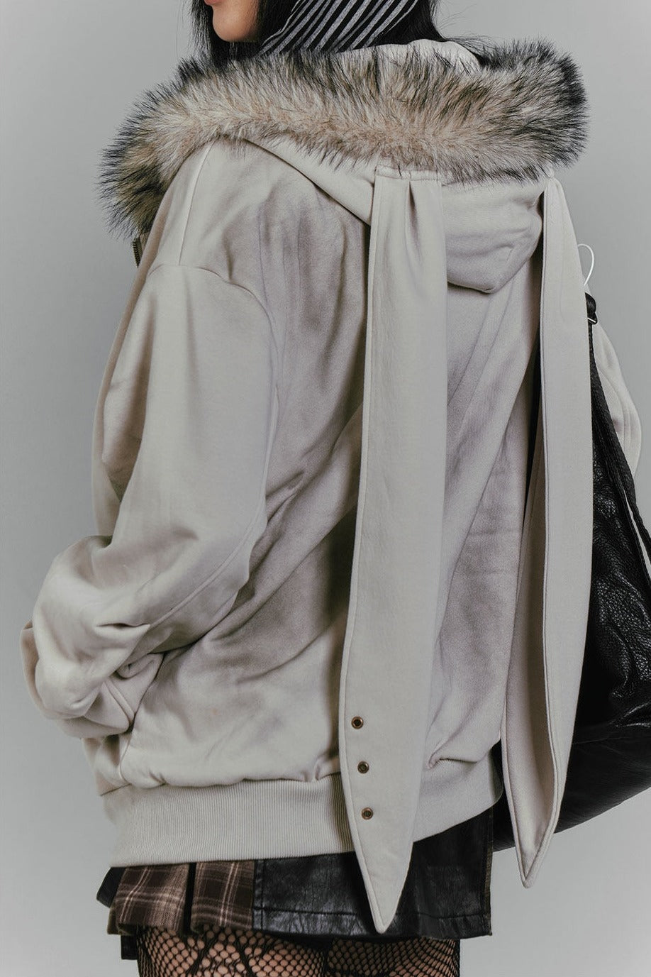 Bunny Ear Fur Trim Zip Hoodie