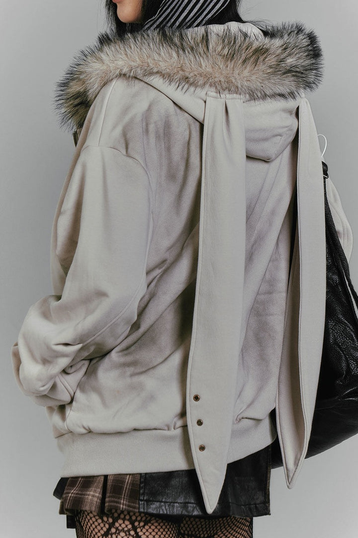 Bunny Ear Fur Trim Zip Hoodie