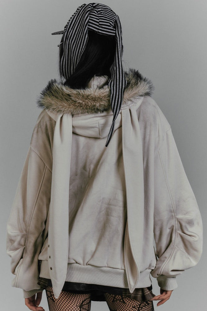 Bunny Ear Fur Trim Zip Hoodie
