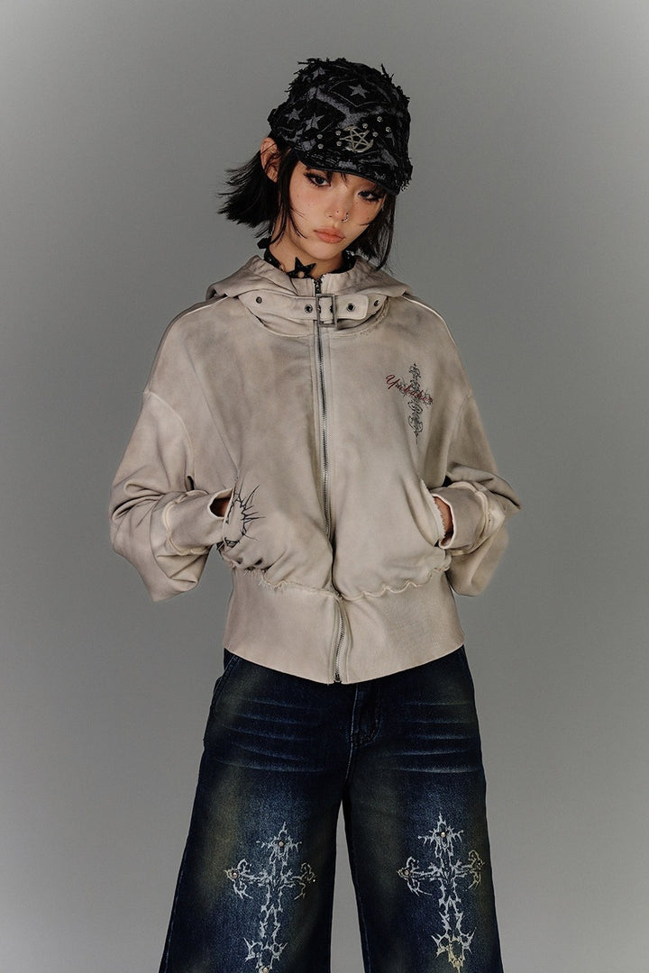Buckle Collar Cropped Zip Hoodie