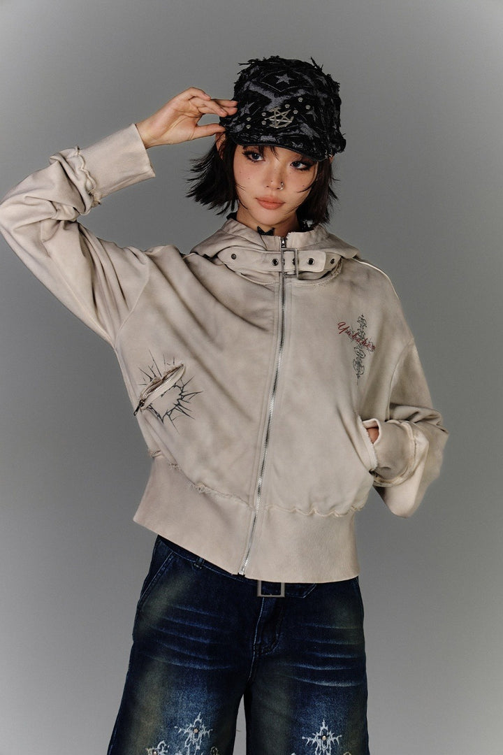 Buckle Collar Cropped Zip Hoodie