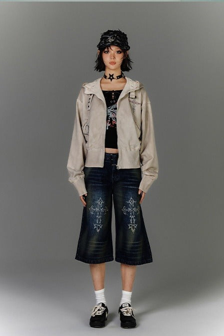 Buckle Collar Cropped Zip Hoodie