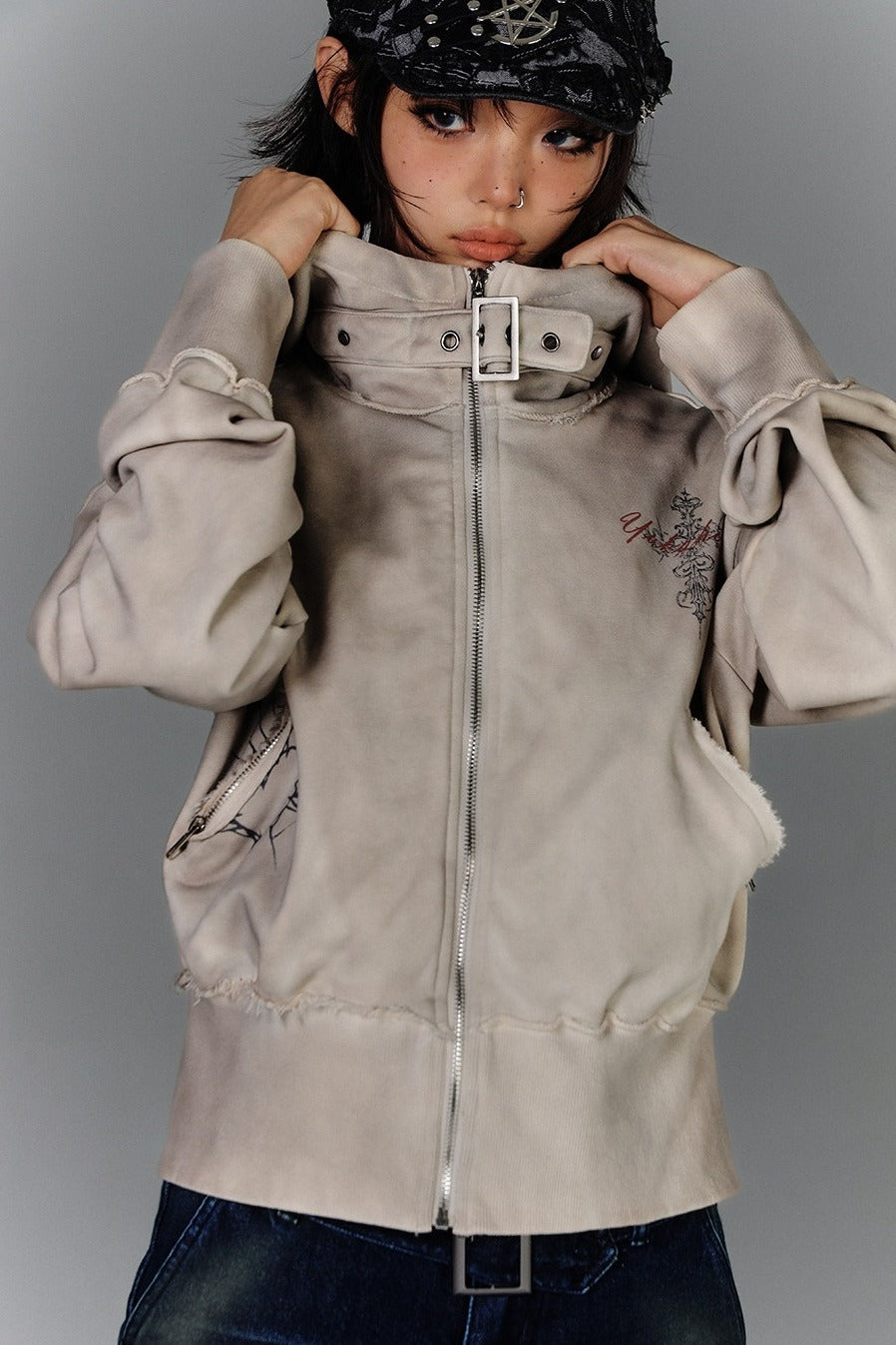 Buckle Collar Cropped Zip Hoodie