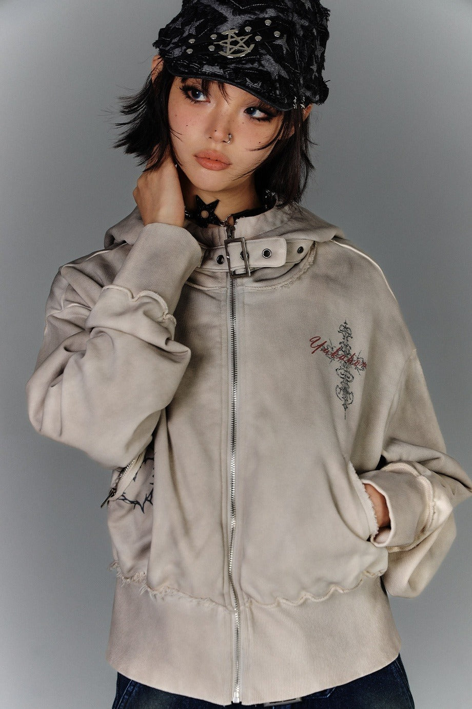 Buckle Collar Cropped Zip Hoodie