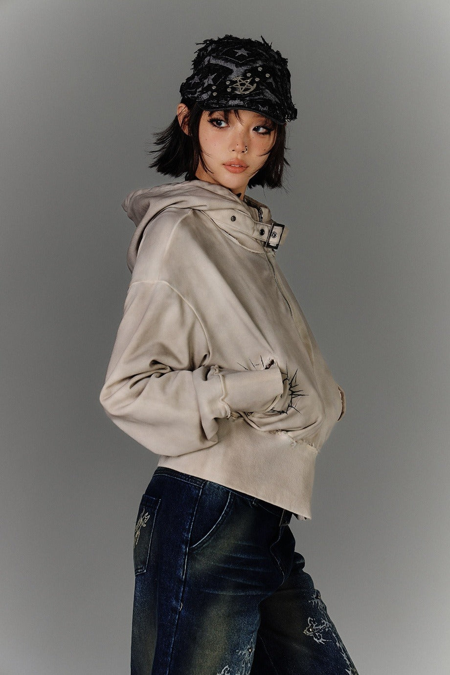 Buckle Collar Cropped Zip Hoodie
