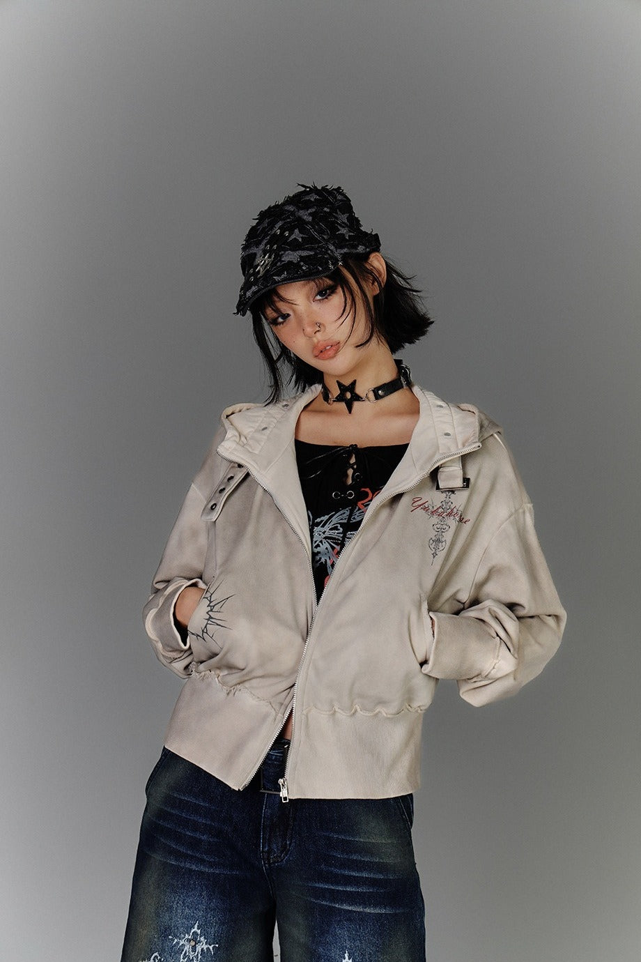 Buckle Collar Cropped Zip Hoodie