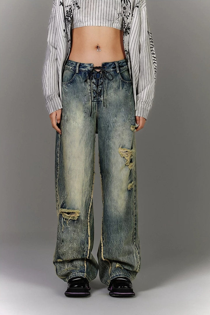 Lace Up Distressed Wide Leg Jeans