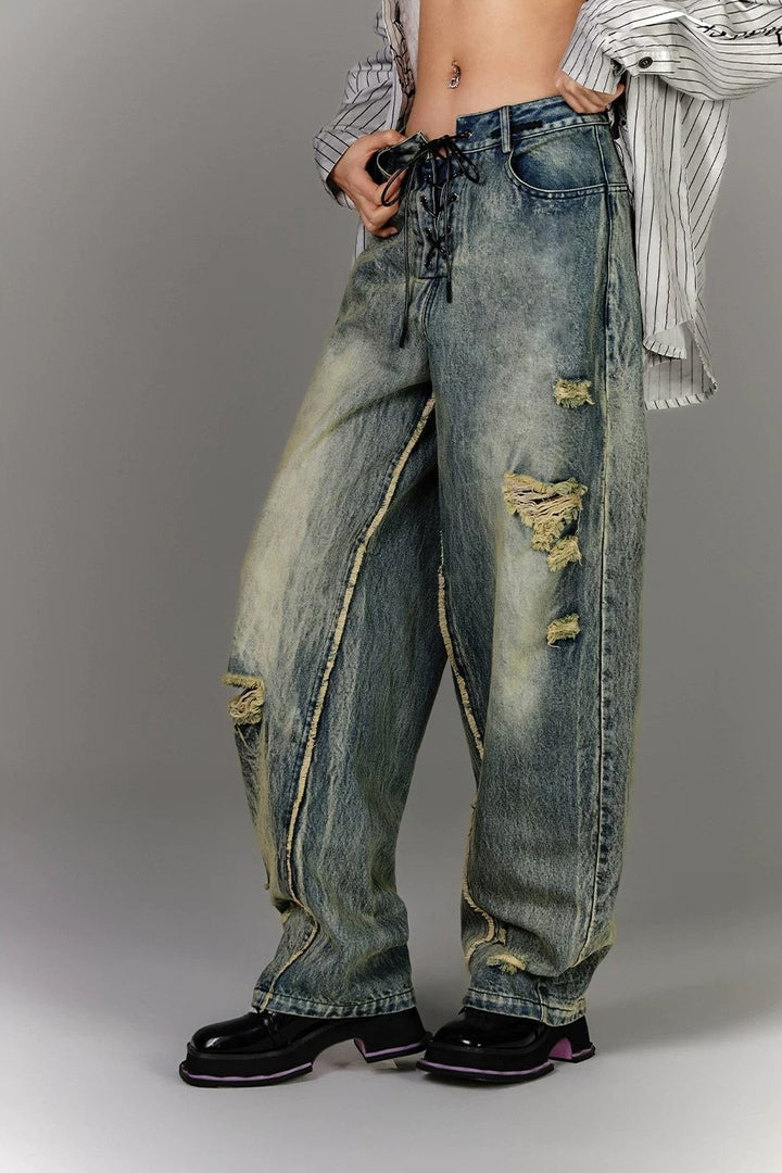 Lace Up Distressed Wide Leg Jeans