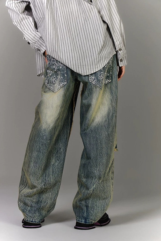 Lace Up Distressed Wide Leg Jeans