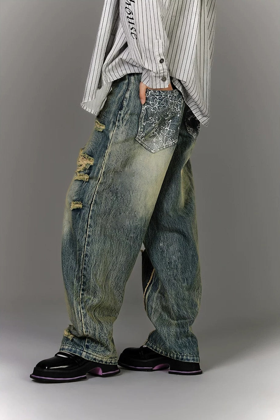 Lace Up Distressed Wide Leg Jeans