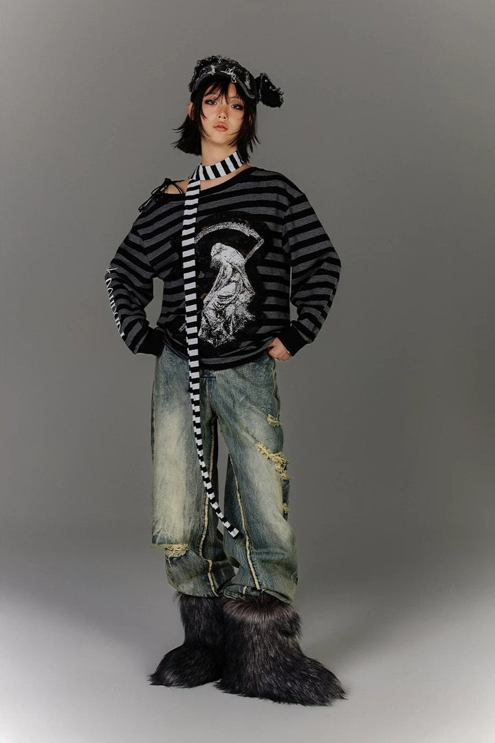 Lace Up Distressed Wide Leg Jeans