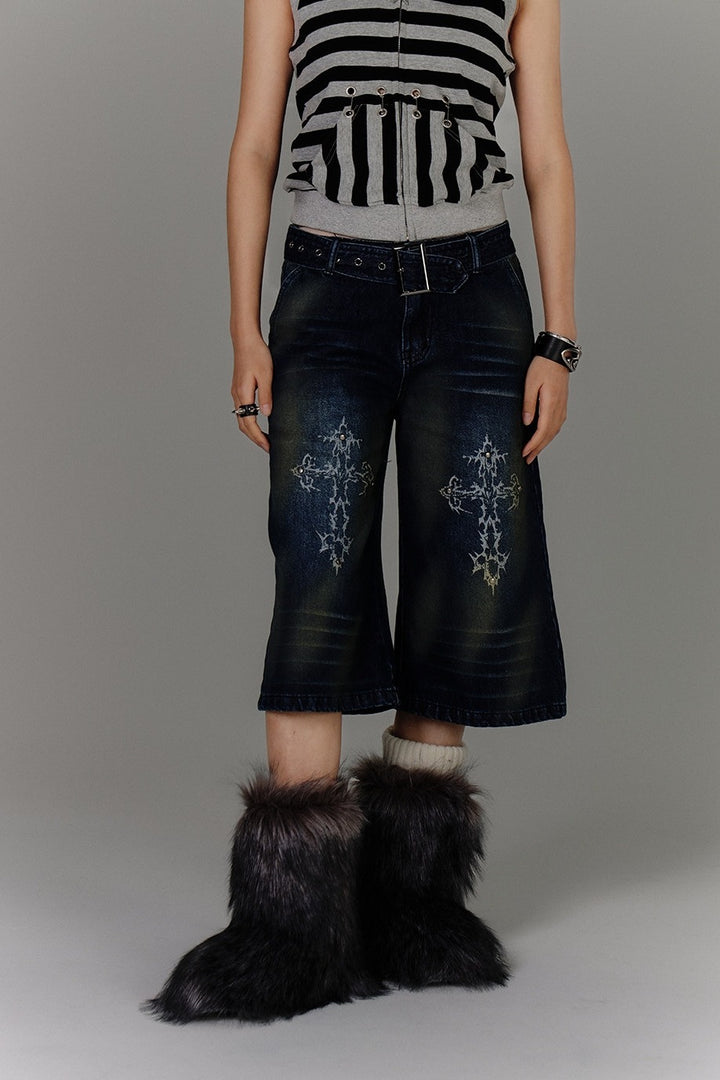 Cross Embroidered Belted Denim Shorts