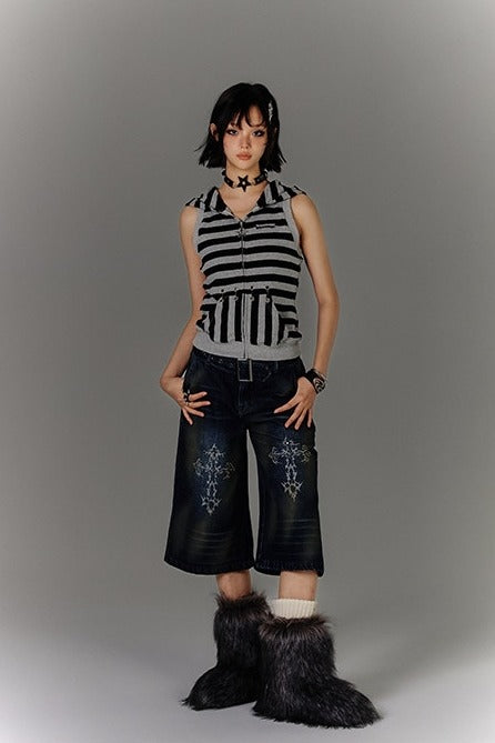 Cross Embroidered Belted Denim Shorts