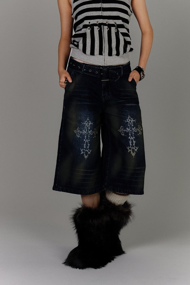 Cross Embroidered Belted Denim Shorts