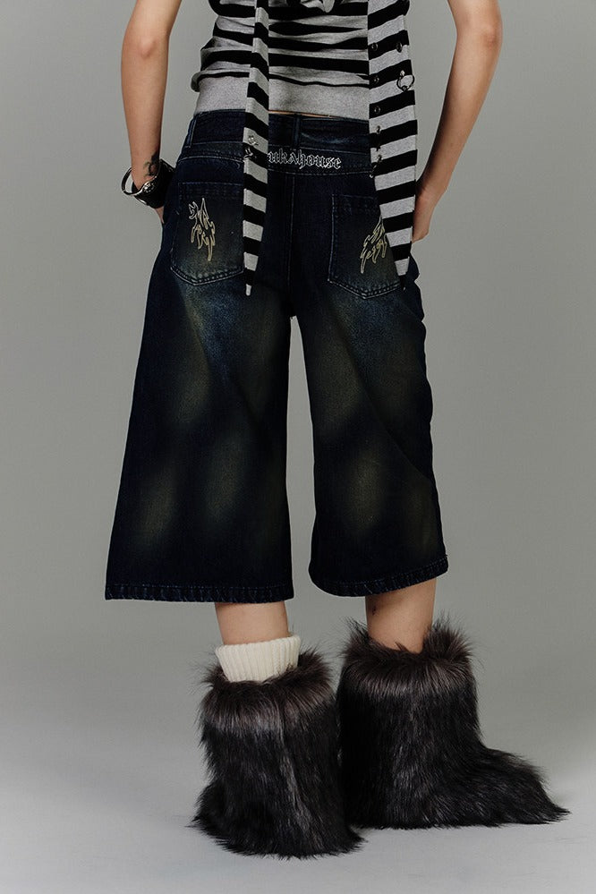 Cross Embroidered Belted Denim Shorts