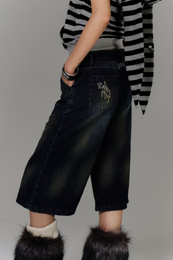 Cross Embroidered Belted Denim Shorts