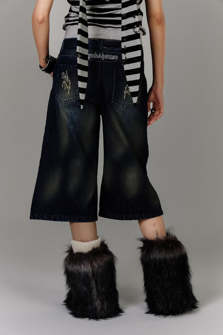 Cross Embroidered Belted Denim Shorts
