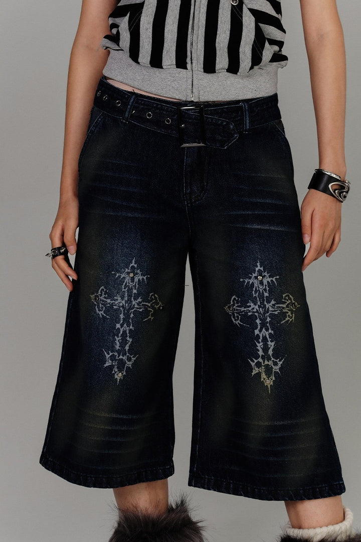 Cross Embroidered Belted Denim Shorts