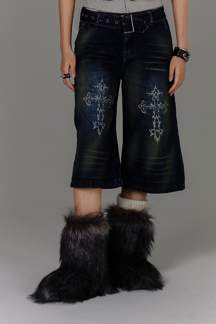 Cross Embroidered Belted Denim Shorts