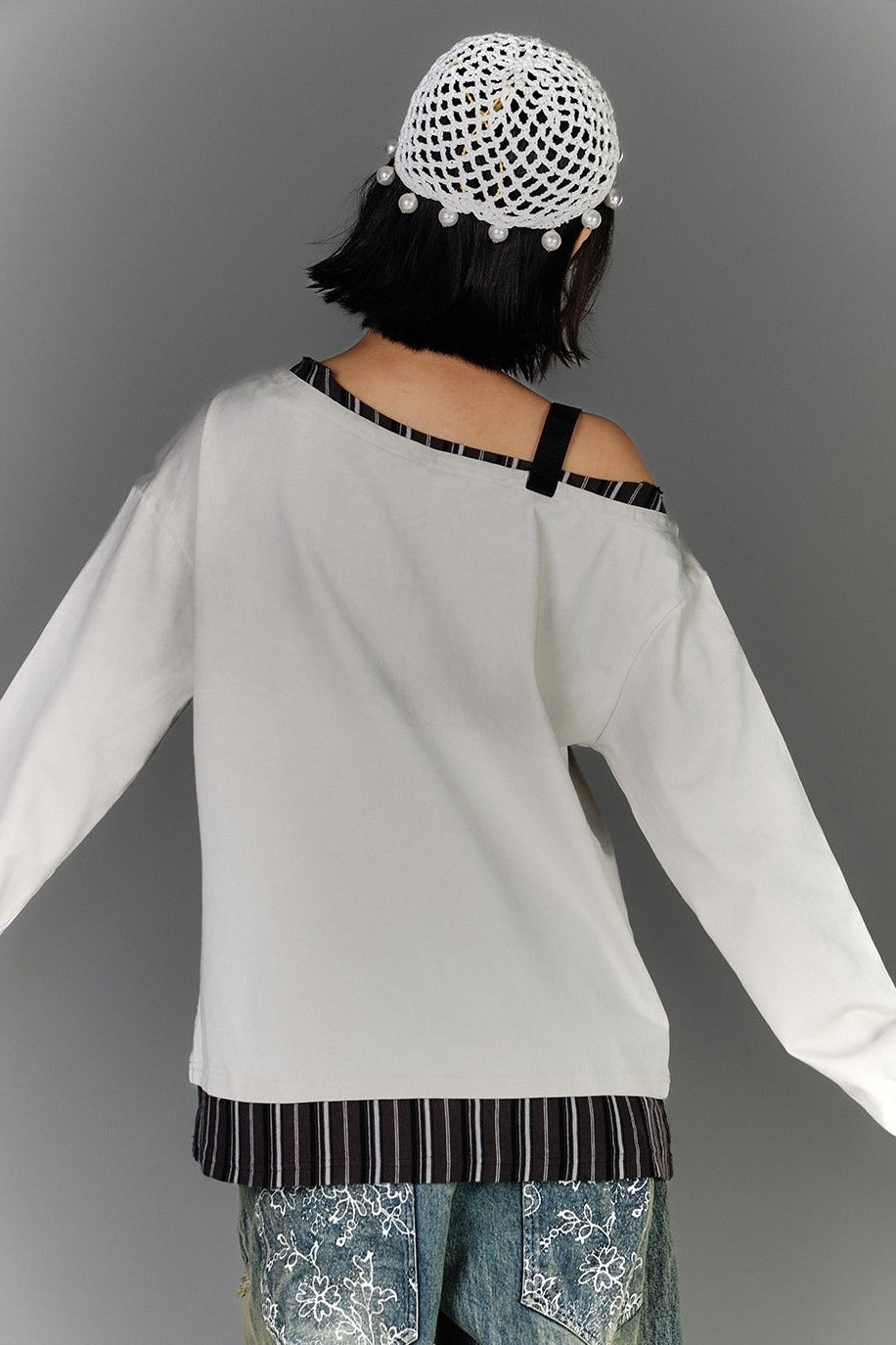 Buckle Strap Off-Shoulder Distressed Top