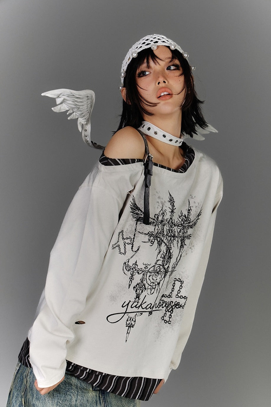 Buckle Strap Off-Shoulder Distressed Top