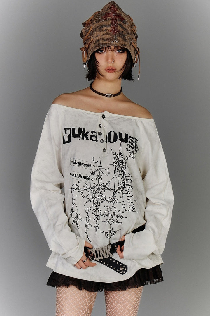 Off-Shoulder Henley Print Longsleeve