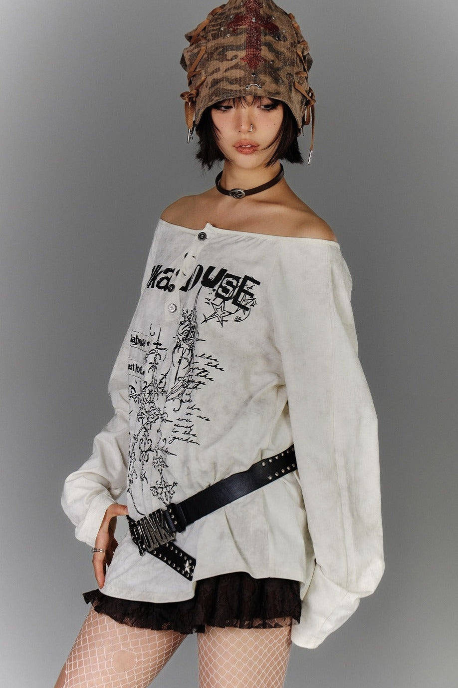 Off-Shoulder Henley Print Longsleeve