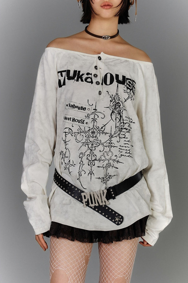 Off-Shoulder Henley Print Longsleeve