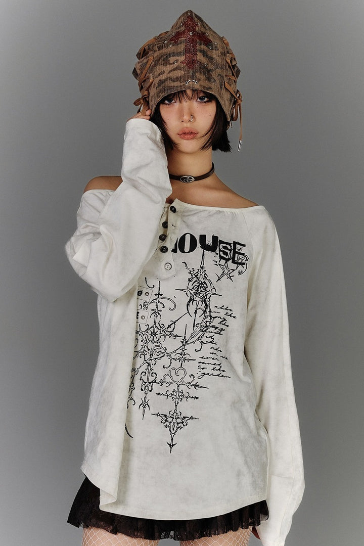 Off-Shoulder Henley Print Longsleeve