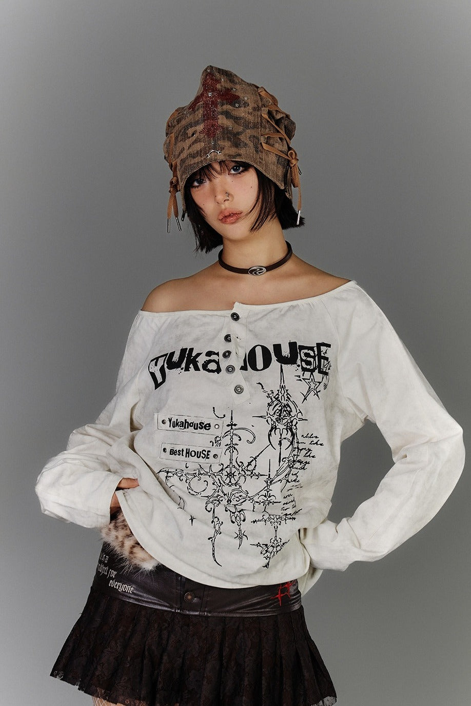 Off-Shoulder Henley Print Longsleeve
