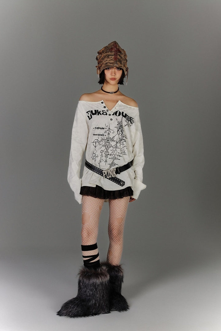 Off-Shoulder Henley Print Longsleeve