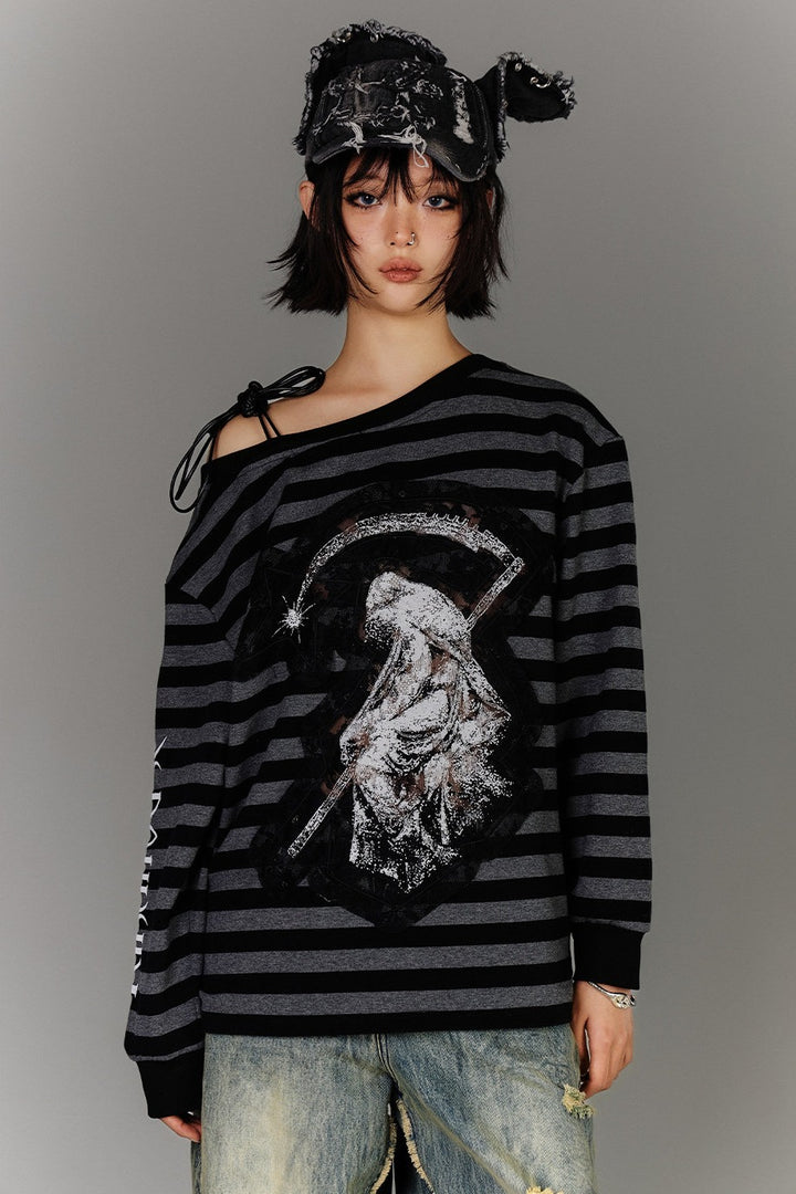 Reaper Print Striped Off-Shoulder Top