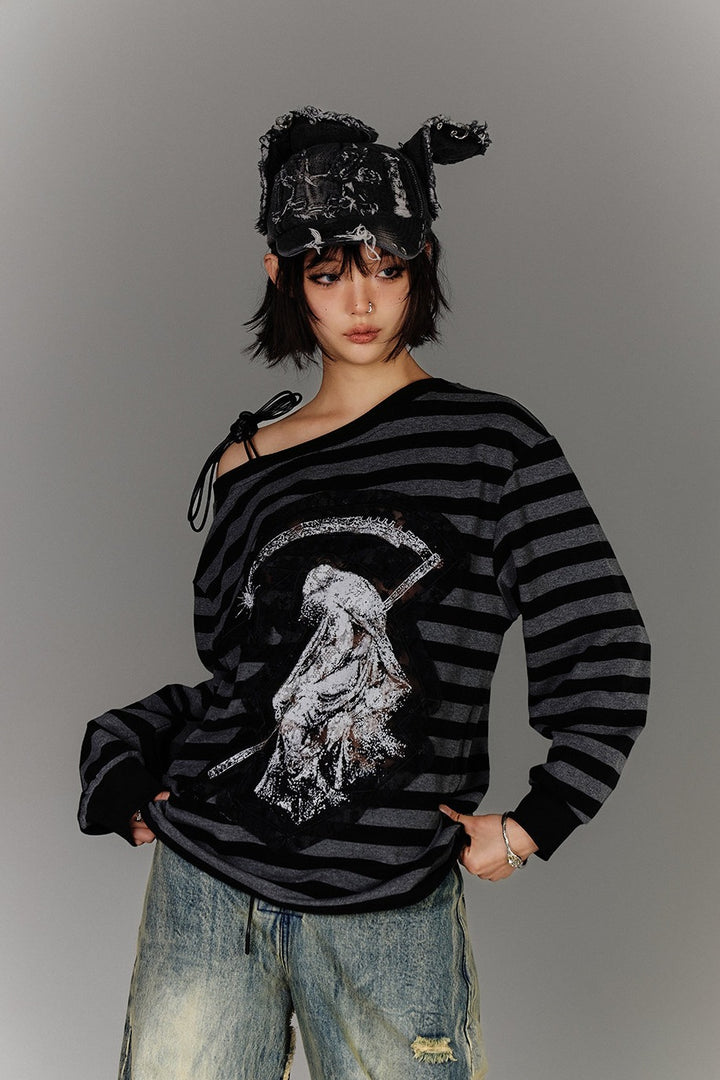 Reaper Print Striped Off-Shoulder Top