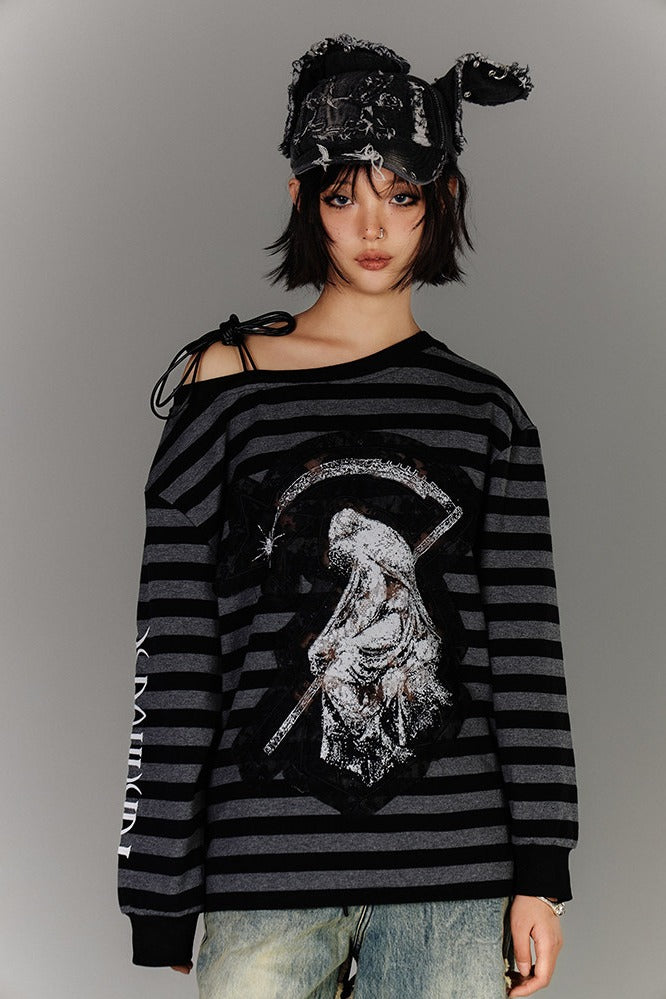 Reaper Print Striped Off-Shoulder Top