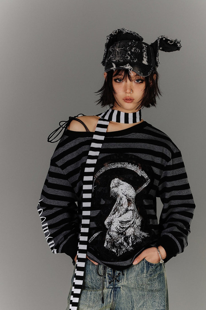 Reaper Print Striped Off-Shoulder Top