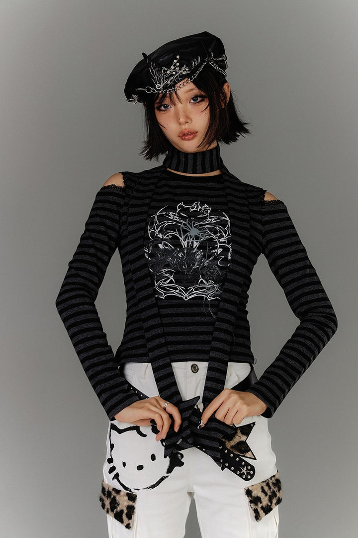 Cold Shoulder Striped Top with Scarf