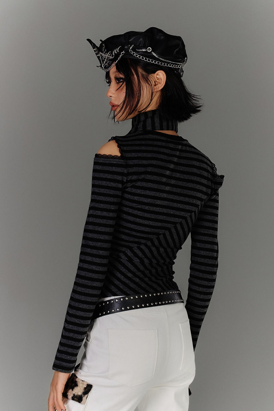 Cold Shoulder Striped Top with Scarf