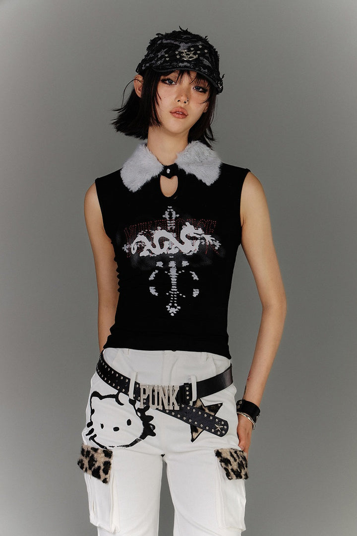 Fur Collar Keyhole Rib Tank