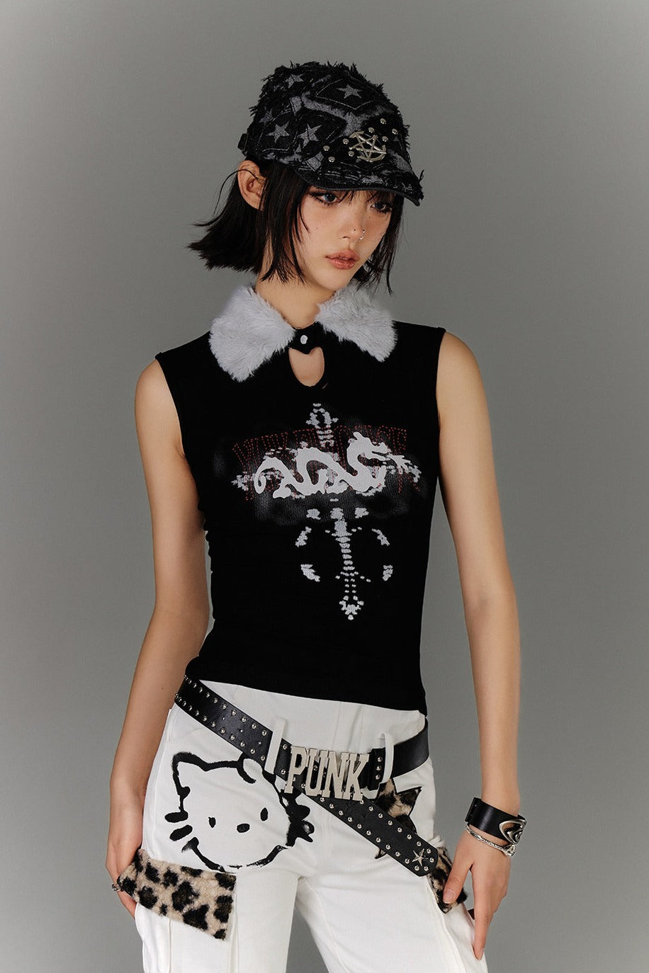 Fur Collar Keyhole Rib Tank