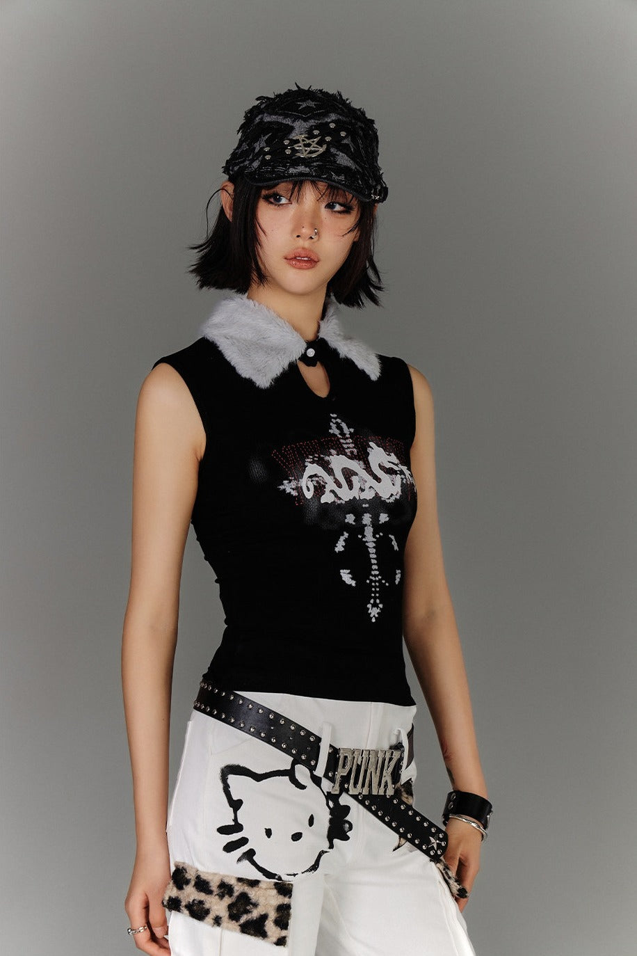Fur Collar Keyhole Rib Tank