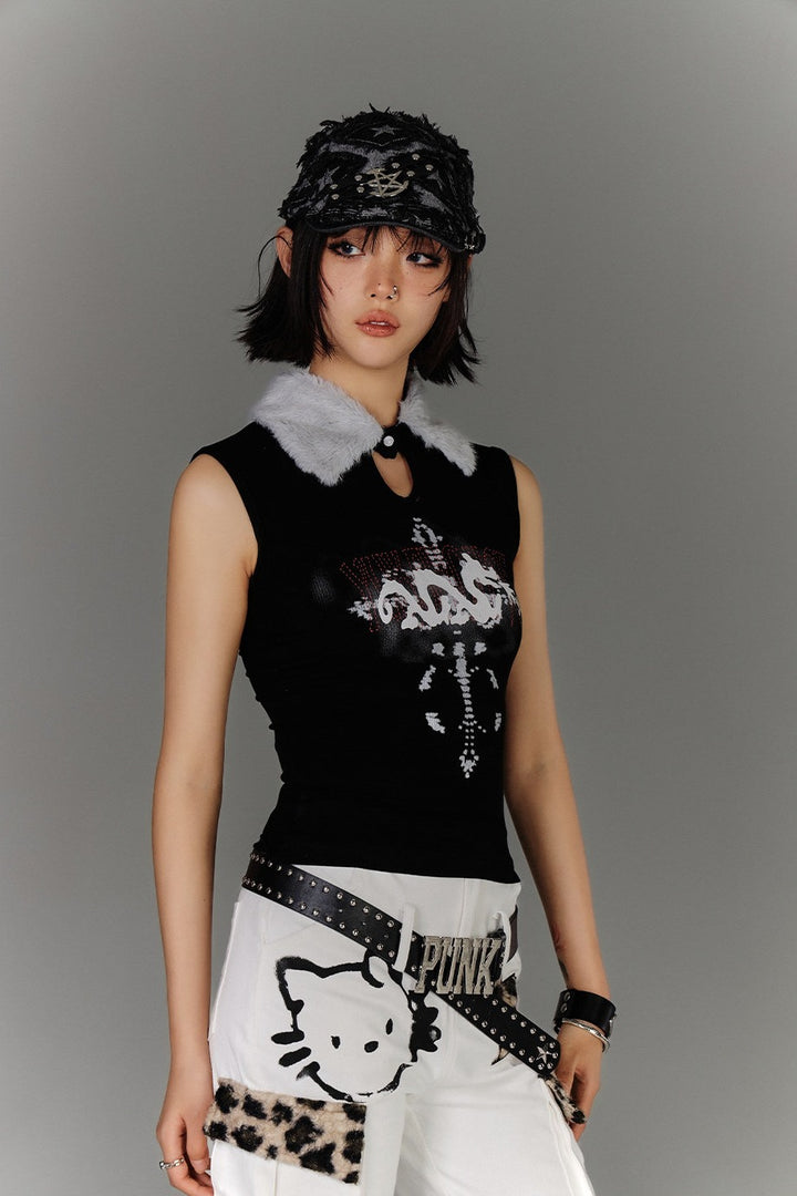 Fur Collar Keyhole Rib Tank